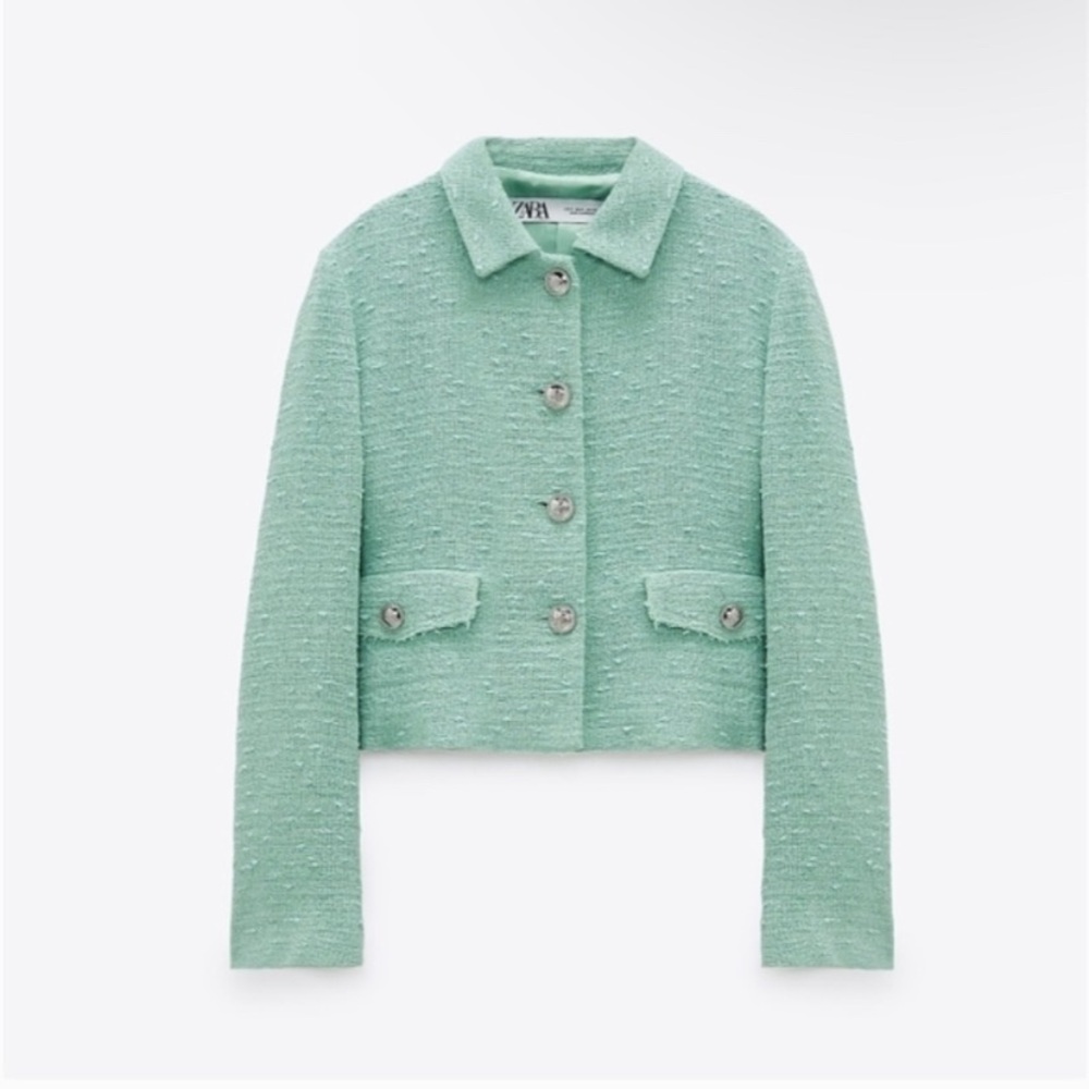 Zara Light Green Cropped Tweed Blazer. Size M. Mint Green. Chanel Inspired.